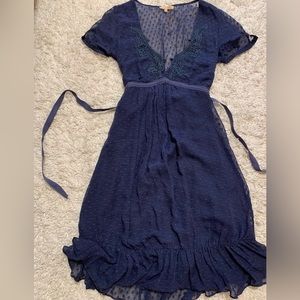 Sandro size 2 periwinkle blue lace embroider neckline tie waist midi dress